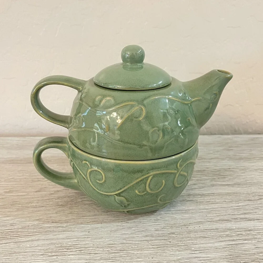 New Pier 1 Teapot Cup Mug 3 Pc Set Green Vine Flower Leaf Stoneware All In One